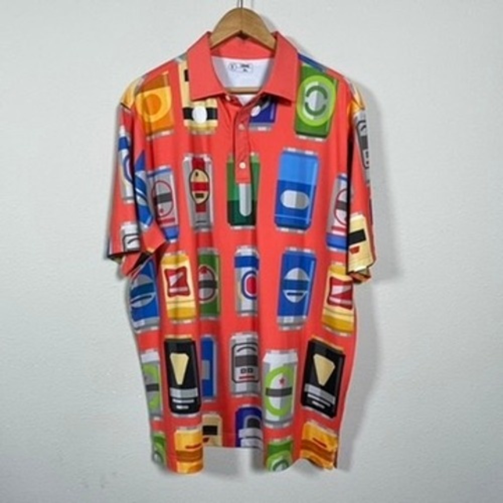 USAG Polo Shirt Mens XL Red Beer Can Humorous Performance Golf AOP Golfcore